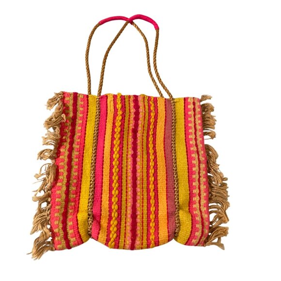 Handwoven Wool Striped Bohemian Tote Bag With Fringe Pink Orange Yellow - Picture 2 of 5